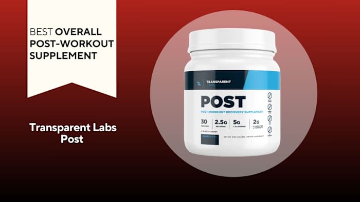 White tub with blue writing that says "POST" against a red background